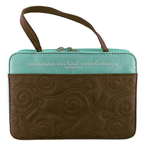 Turquoise/Brown Micro-Fiber Purse-Style Quilt Stitched Bible / Book Cover - 1 Corinthians 13:4. 7 (Large)